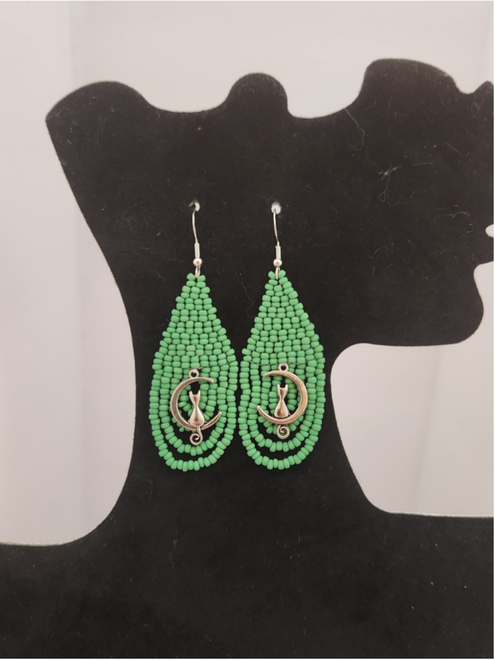 Handcrafted Artisan Green Seed Beaded Earrings Silver Cat Charm with S925 hooks